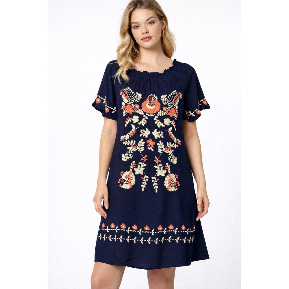 LIVING DOLL LA EMBROIDERED NAVY BOHO DRESS SZ S EUC!